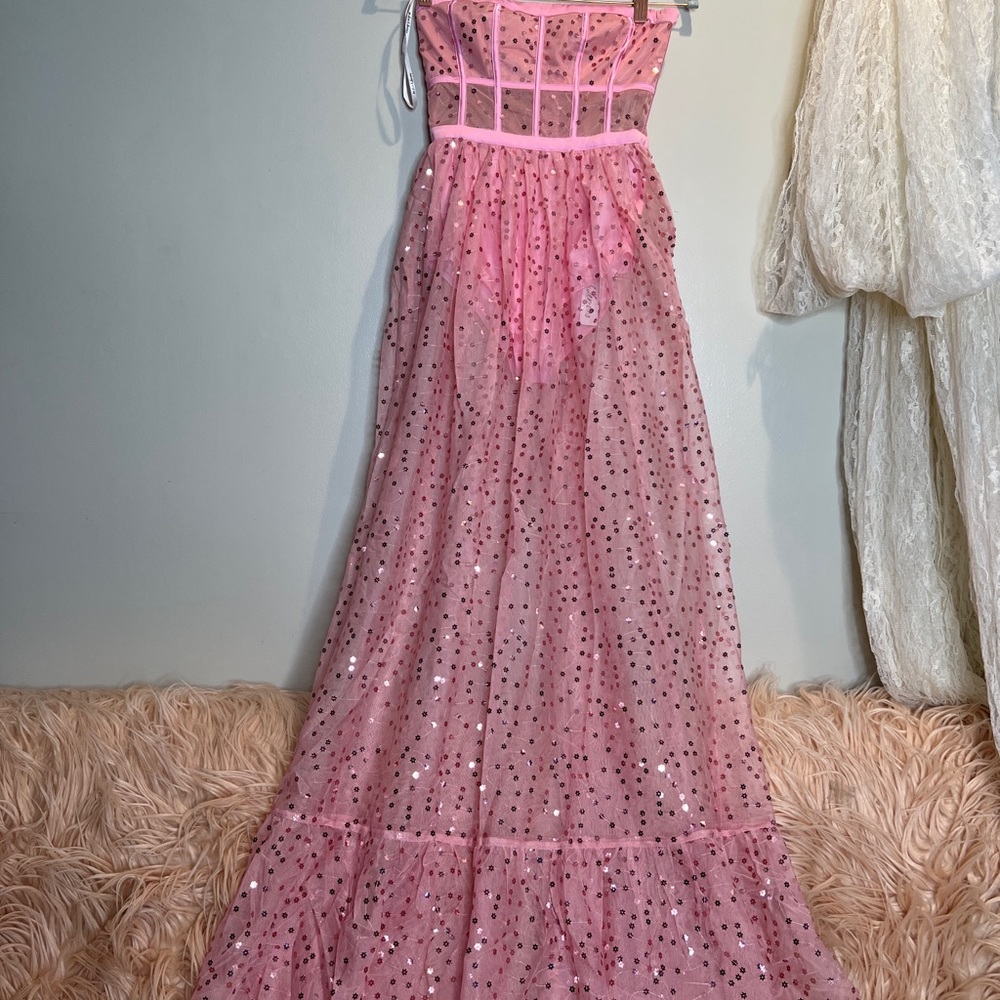 For Love & Lemons Manic Monday Embellished Corset Strapless Mesh Maxi Dress - Picture 4 of 10